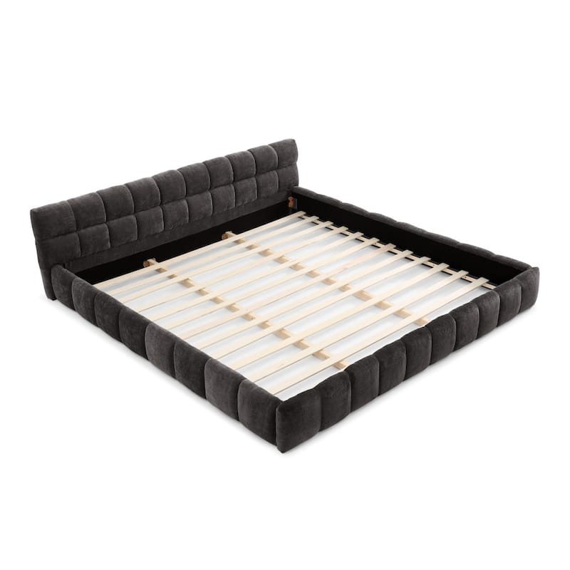 Chenille Fabric Grounded King Size Platform Bed with Headboard and Solid Frame