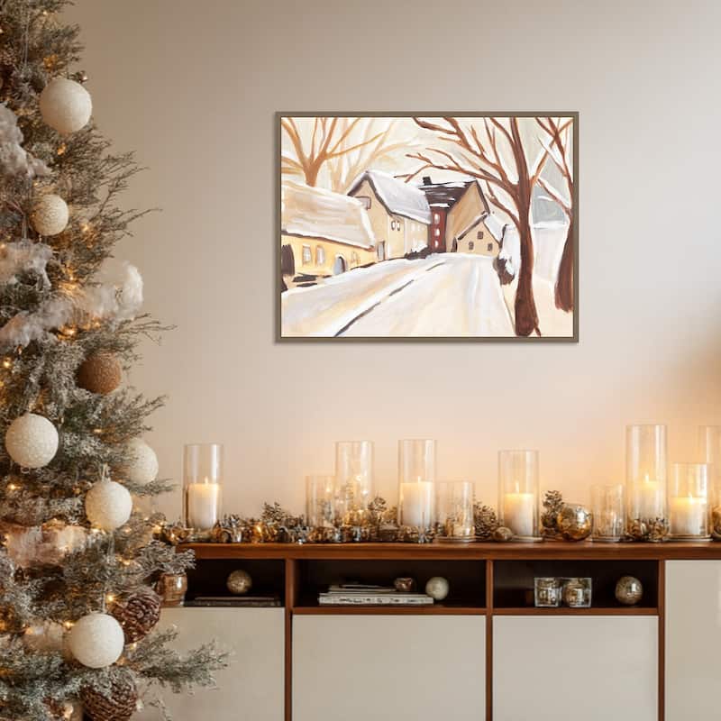 Snowy Street I by Annie Warren Framed Canvas Wall Art Print - Sylvie Dark Gold