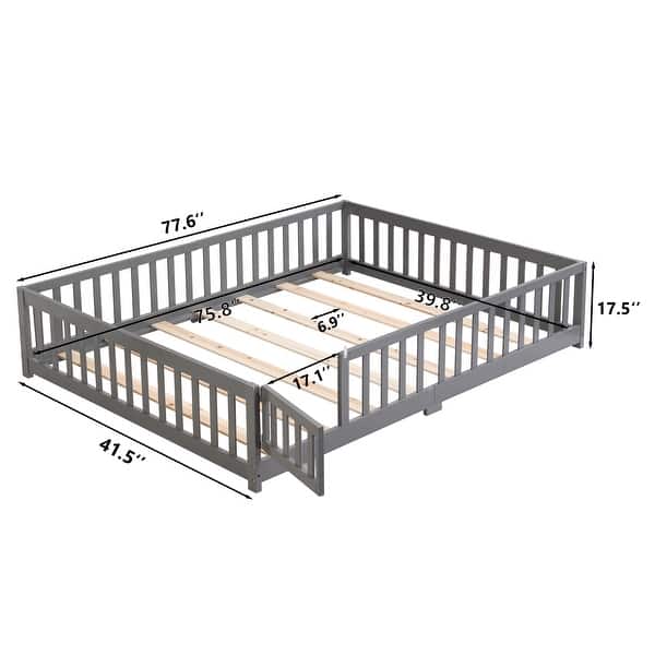 dimension image slide 1 of 3, Twin Size Floor Bed with Door,Solid Wood Platform Bed Frame with Fence,Suitable for children,Pine Wood,Gray