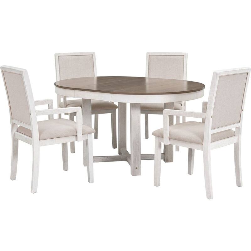 Wooden Round Drop Leaf Extendable Dining Table Set with 4 Upholstered Chairs