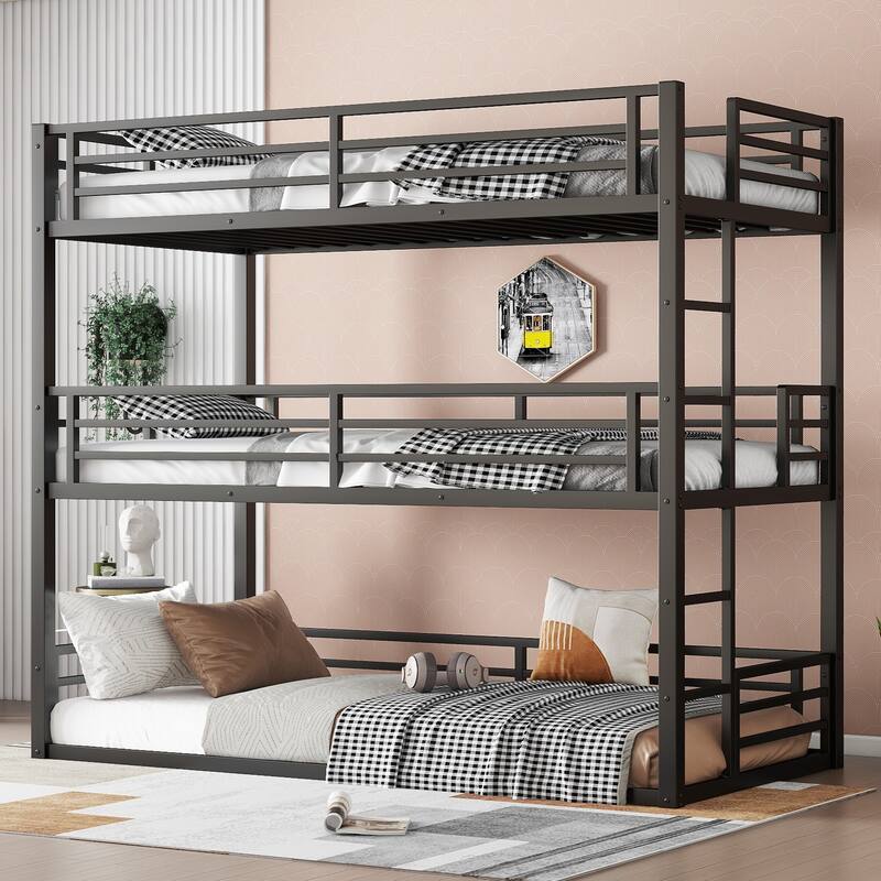 Metal Triple Bunk Bed with Safety Guardrails, Noise-Reduced Design, Twin XL Size, Black