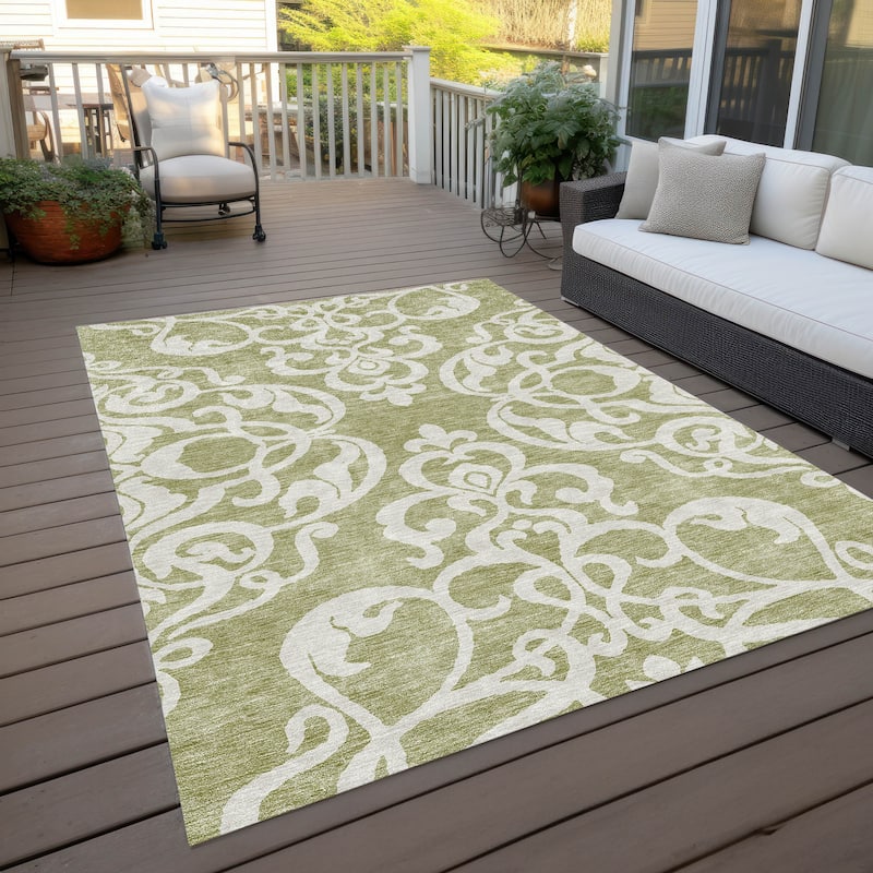 Machine Washable Indoor/ Outdoor Damask Glam Chantille Rug - Aloe - 10' x 14'