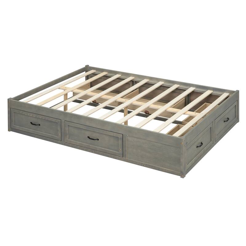 Full Size Platform Bed with 6 Storage Drawers, Antique Gray, Sleek Design for Bedroom Organization