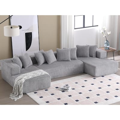 Large U-Shaped Sectional Couch with Chaise Lounge, Striped Corduroy Upholstery, Gray