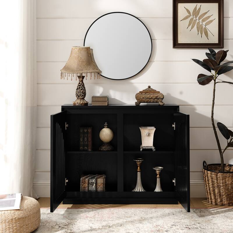 Mid Century Modern Fluted Sideboard Cabinet with 2 Outlet Holes, Buffet Cabinet with Storage, Narrow Side Cabinet