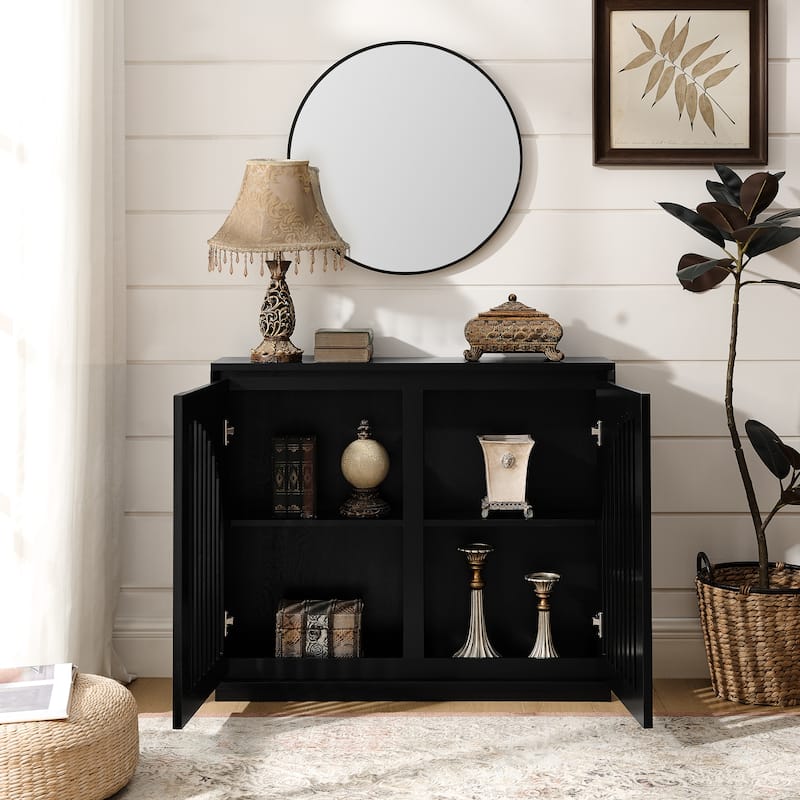 Small Sideboard Cabinet, Mid-Century Modern Openwork Door Sideboard with Storage, Narrow Sideboard for Living Room, Coffee Bar