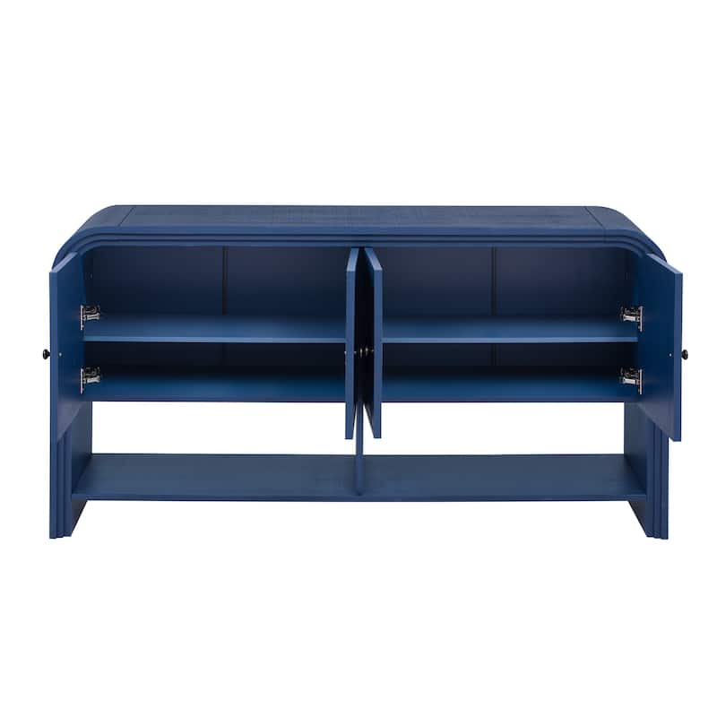 Wood Storage Table Buffet Sideboard, Cconsole Table with Woven Slat Doors, Accent Table with Step Design