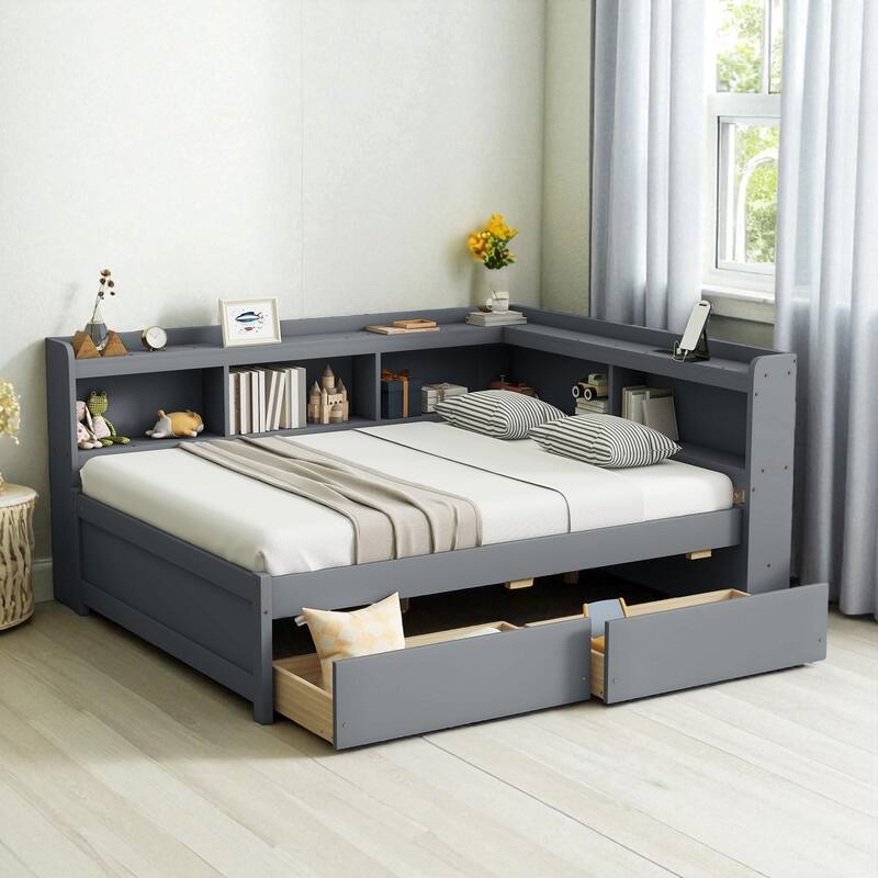 Full Size Bed with L-Shaped Bookcases, Power Outlets, USB Ports and 2 Storage Drawers