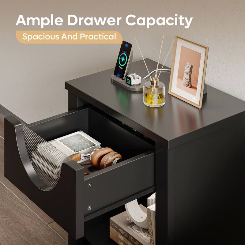 Bestier Nightstands Set of 2 with Charging Station, Modern LED End Table Bedside Table with Drawer for Bedroom & Living Room