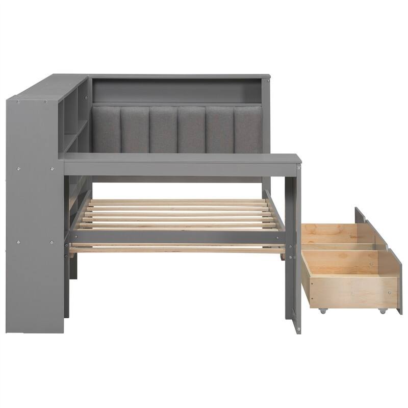 Twin/Full Size Daybed with LED Light, Side Desk and 2 Drawers, Wooden Sofa Bed with Storage Shelves and Upholstered Headboard