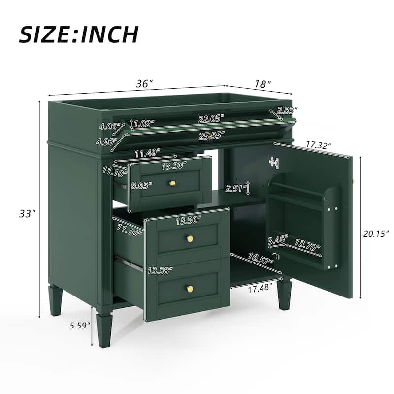Roomfitters 36" Vanity Base Only, Solid Wood Cabinet with 2 Drawers and Tip-out Tray, Freestanding Bathroom Storage