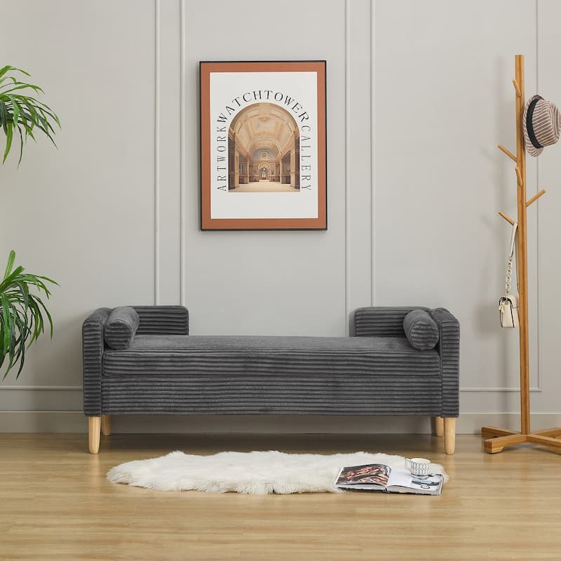 Corduroy Storage Soft Bench with Armrests, Backrest and Two bolster Pillows for Living Room, Entryway and Bedroom