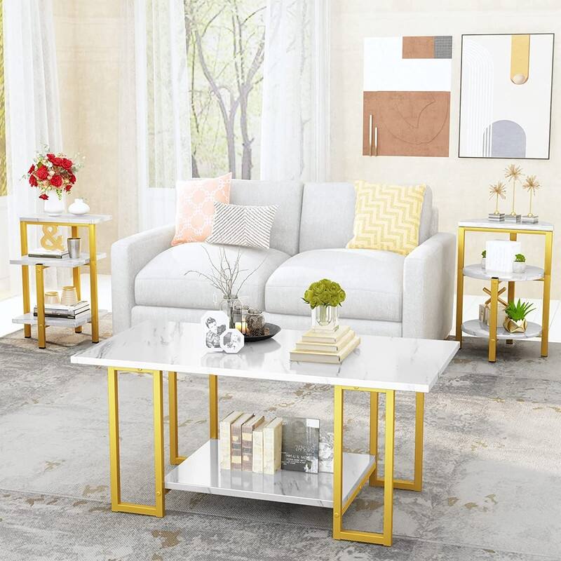 3 Pieces Faux Marble Coffee Table Set with 1 Coffee Table and 2 End Tables, Modern Sofa Side Table with Shelf, Cocktail Table