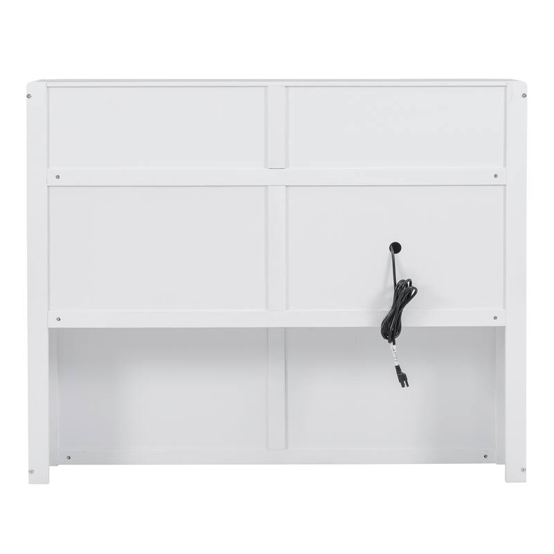 Full Size Hydraulic Platform Bed with Storage, LED Headboard, Charging Station, and 2 Drawers in White