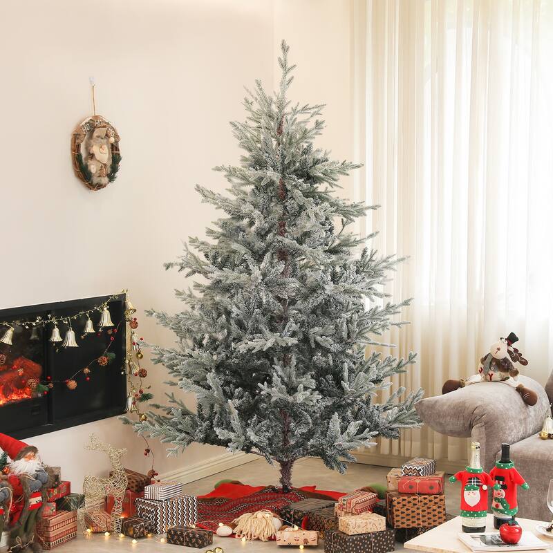 6/9FT Artificial Hinged Christmas Tree with Snow Flocked Tips & Foldable Metal Stand