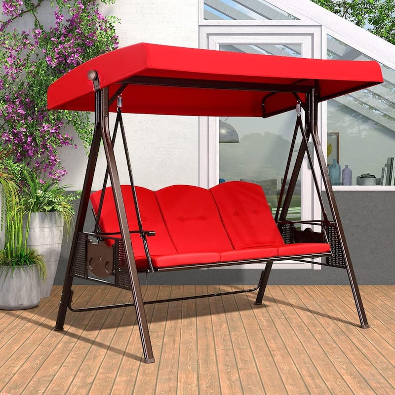 PURPLE LEAF Deluxe Outdoor Patio Porch Swing with Weather Resistant Steel Frame, Cushions and Pillow Included - 3 Seat - Red