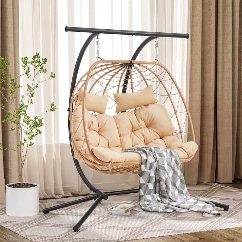 Double Egg Chair with Stand/Adjustable Canopy Patio Hammock Chair Hanging Swing Wicker Rattan Basket for Outdoor Balcony Garden