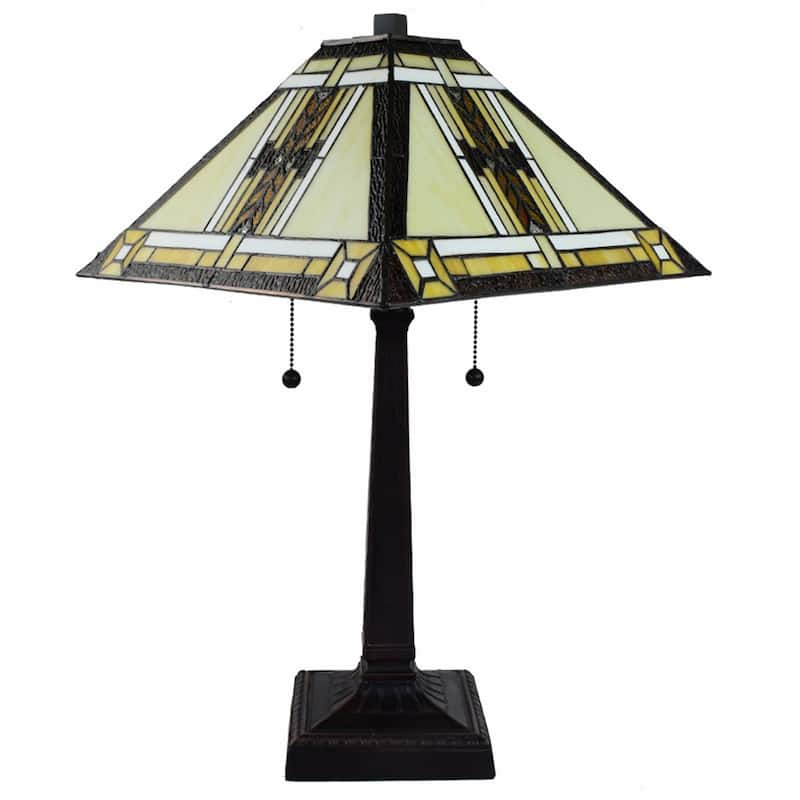 HomeRoots 23" Stained Glass Two Light Mission Style Table Lamp with Stained Glass Shade - 21 x 22 x 11
