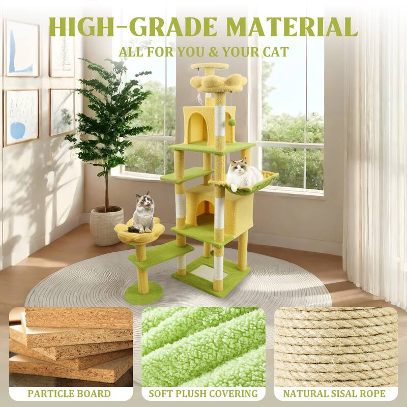 71 inch flower cat tree with large condo removable flower cushion and hammock yellow - Yellow