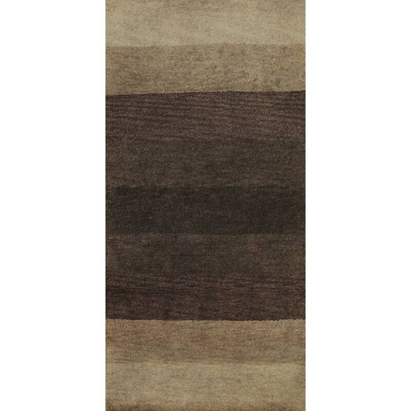 Hand Knotted Oriental 100% Wool Carpet Modern Stripe Brown Gabbeh Runner Rug - 4' 8'' X 2' 5''