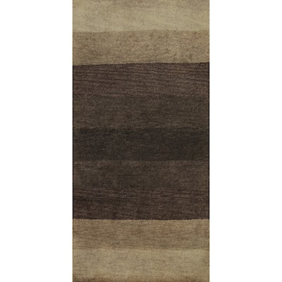 Hand Knotted Oriental 100% Wool Carpet Modern Stripe Brown Gabbeh Runner Rug - 4' 8'' X 2' 5''