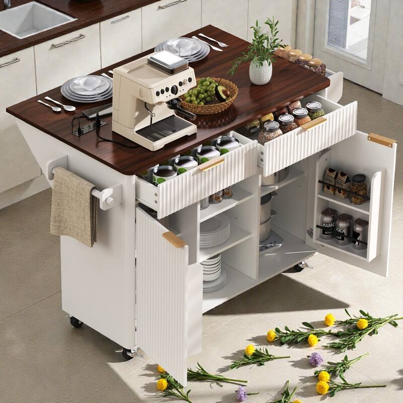 52" Fluted Kitchen Island with Drop Leaf, Power Outlet, Rolling Storage Cart with Adjustable Shelves, Drawers & Walnut Top