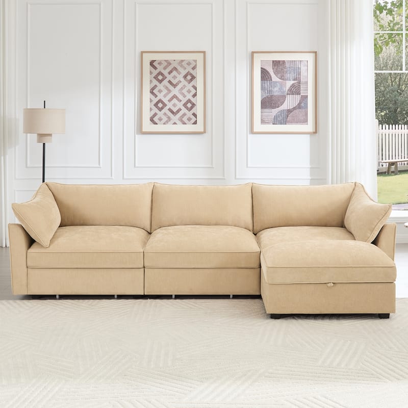 L-Shaped 3-Seater Sectional Sofa Couch with 1 Movable Ottoman & Drawers