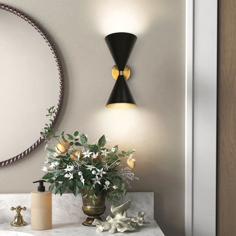 2-Light Modern Adjustable Head Cone Vanity Light Up&Down Dual Horn Hourglass Wall Sconce - Black