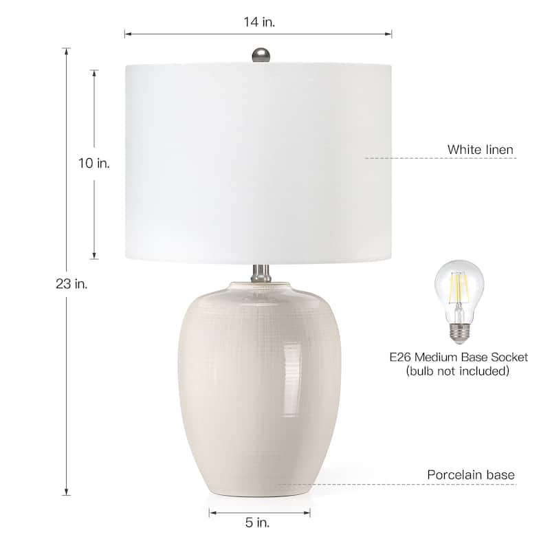 Ivory 3-Way White Ceramic Table Lamp with Drum Shade - 23 in. H