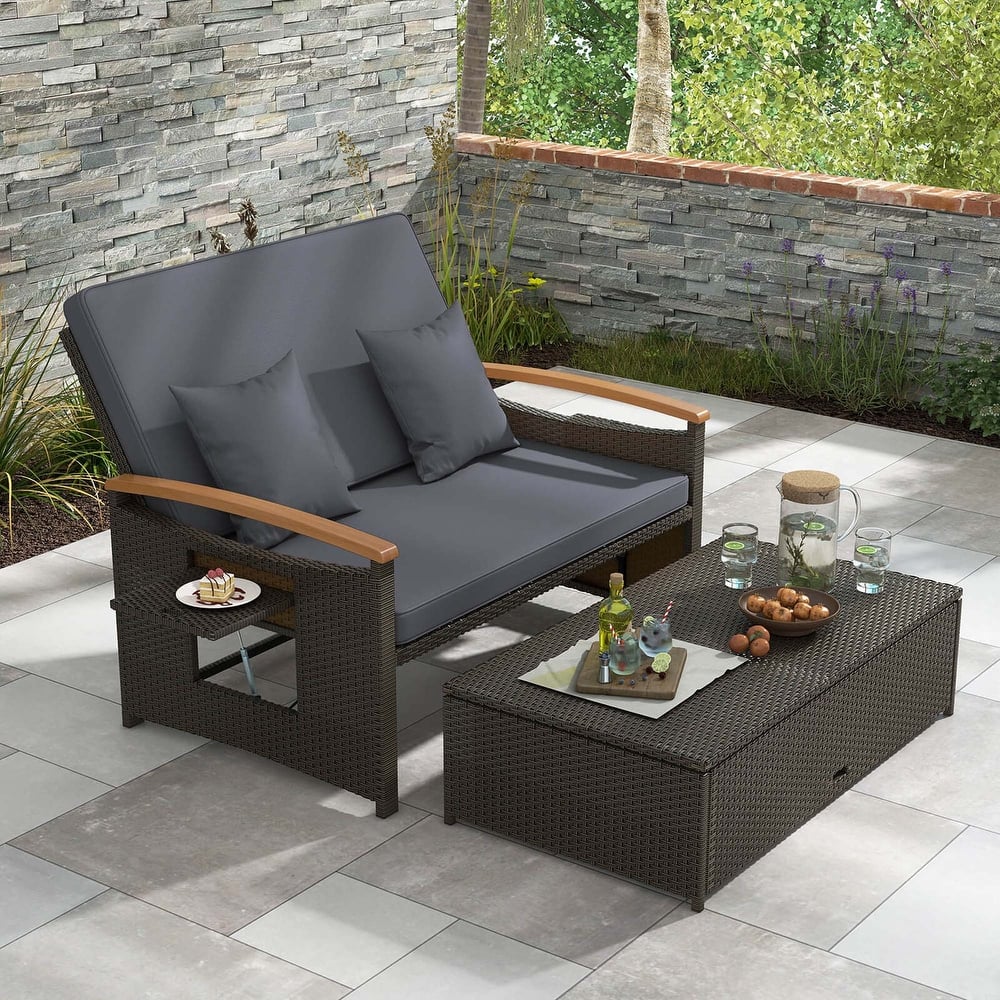 Costway Patio Rattan Daybed Set with Cushioned Loveseat & Storage - See Details