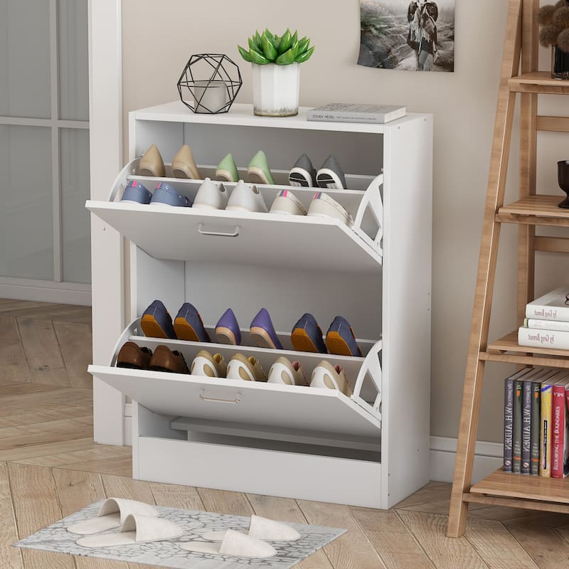 Kerrogee 2 Drawes Shoe Cabinet - 4 Tiers Shoe Rack - Up to 12 Pairs - 9.4"W x 23.6"L x 31.4"H
