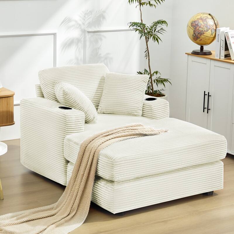 Chaise-Style Corduroy Sofa with Cup Holders and 3 Back Cushions - Reclining Lounge Design - off-white