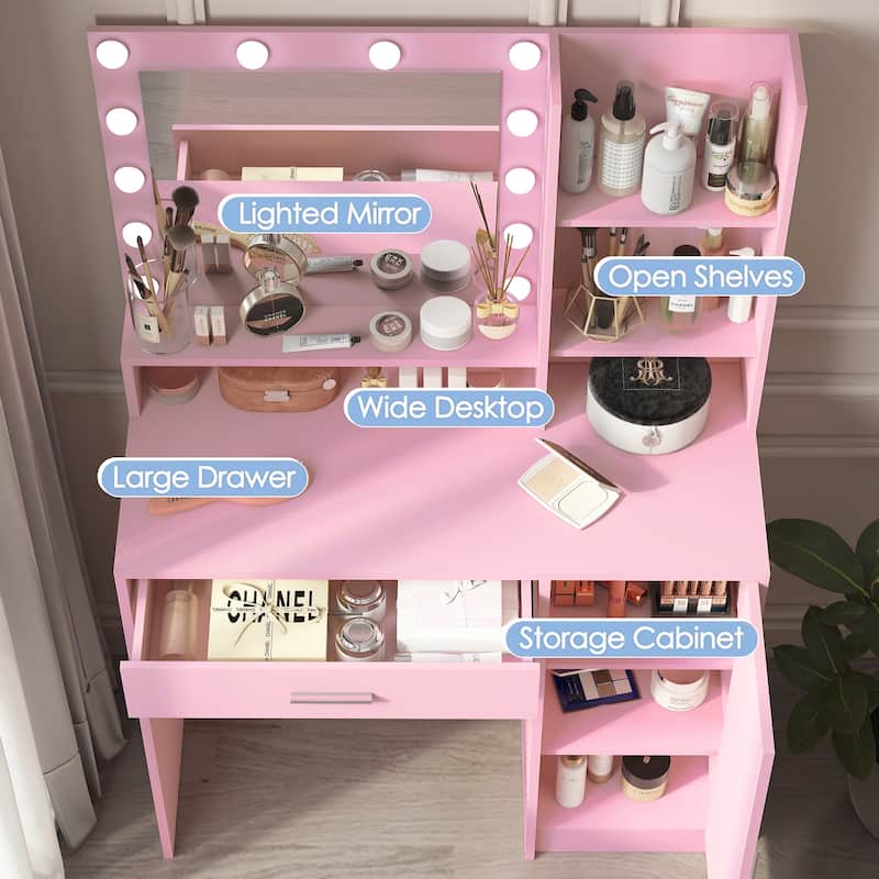 Vanity Desk with Mirror and Lights, Makeup Vanity with Drawer and Storage Shelves, Dressing Table with 3 Lighting Modes