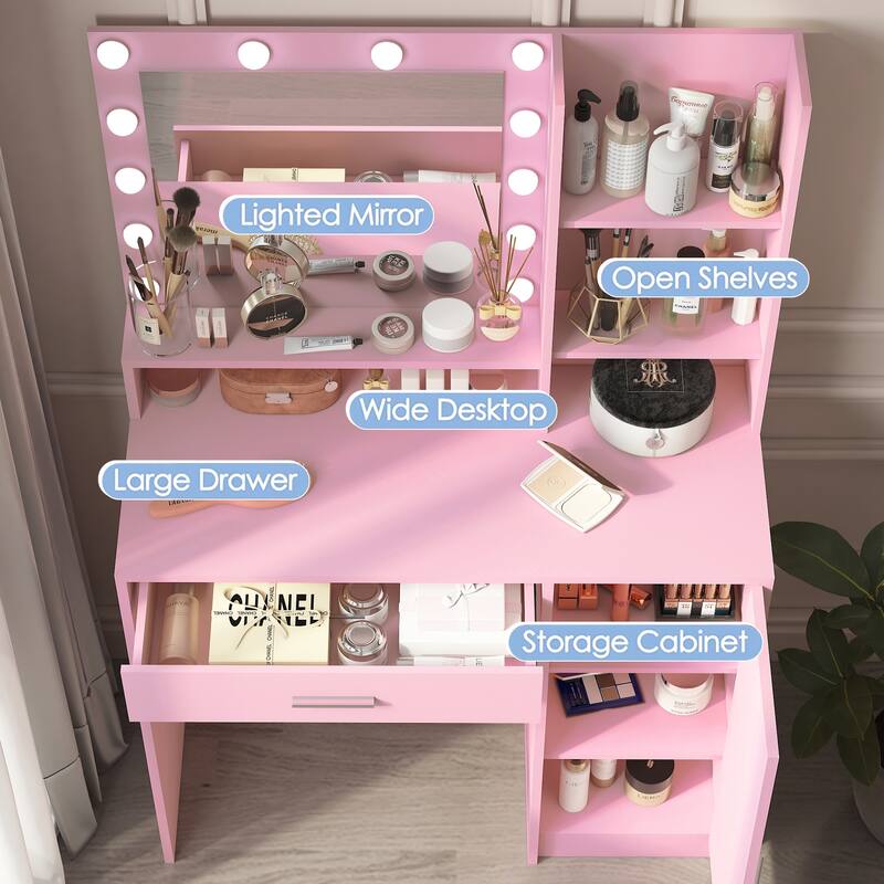 Vanity Desk with Spacious Large Drawer & Mirror with 3 Adjustable Lighting Modes