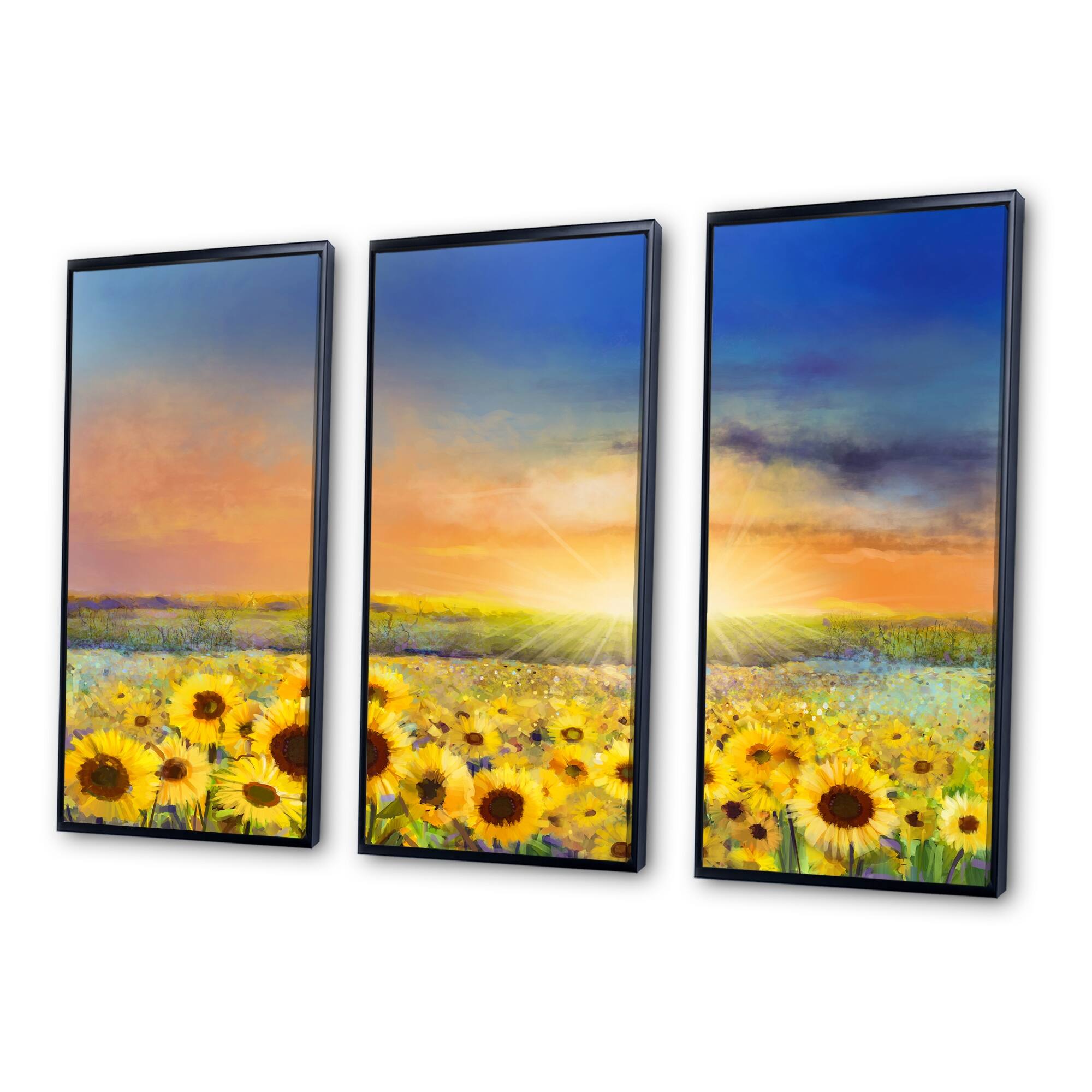 Designart "Sunset over Golden Sunflower Field" Floral Framed Art Prints Set of 3 4 Colors of