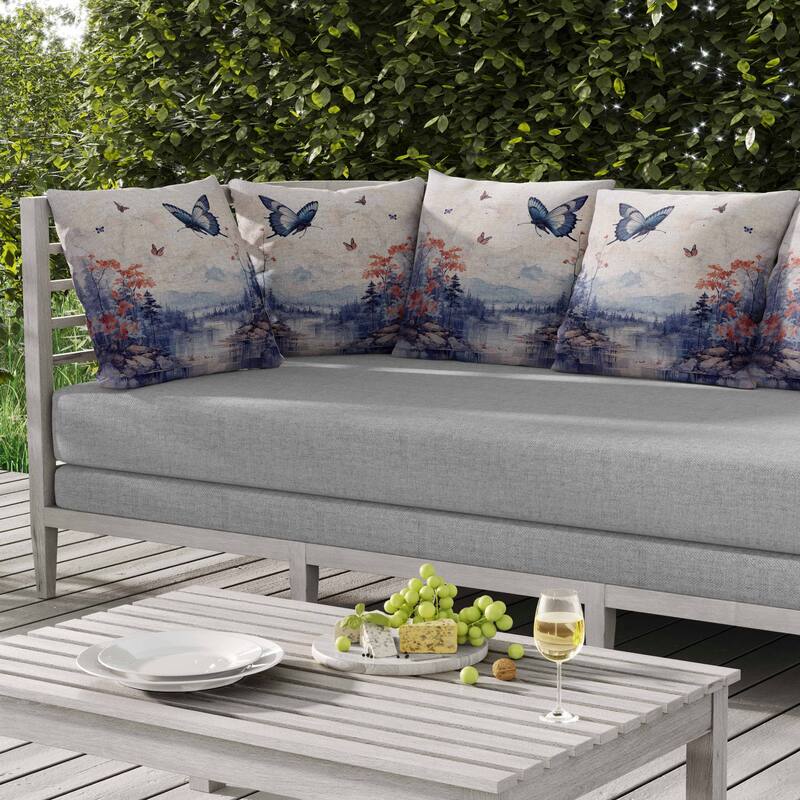 Fluttering Floral Heights Indoor/Outdoor Reversible Throw Pillow Blue and Red