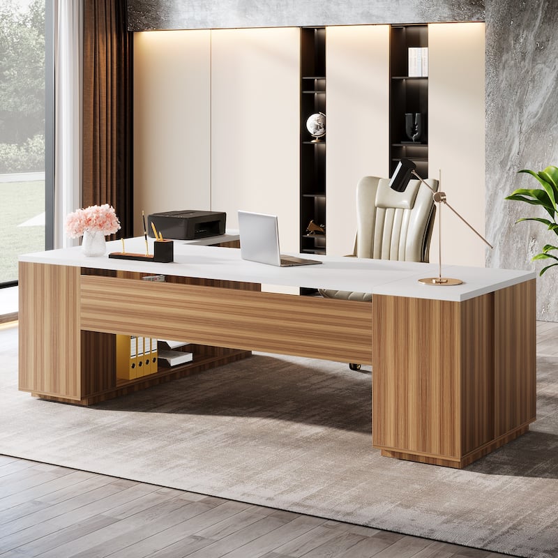 Wood L-Shaped Executive Desk with File Drawers for Home Office