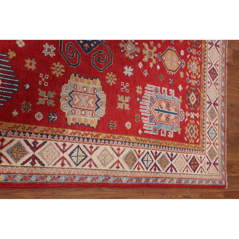 Red Geometric Kazak Oriental Accent Rug Hand-Knotted Wool Carpet - 4'3" x 6'0"
