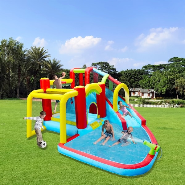 slide 2 of 8, 7 in1 Inflatable Slide Water Park Bouncing House Soccer Bouncer - Blue Blue