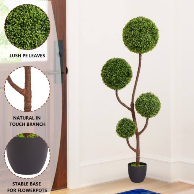 4/5FT Artificial Topiary Ball Tree, Faux Potted Boxwood Topiary Plant, Fake Shrubs Tree for Front Door Home Balcony