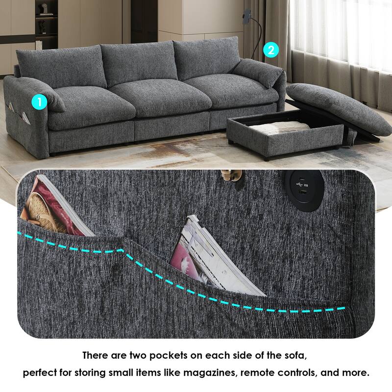 L Shaped Wide Seat Chenille Sectional Sofa w/ Storage Ottoman, Pockets, USB