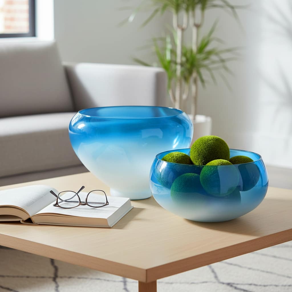 Decorative Glass Ombre Bowl - Home Decor - Set of 2 - 10", 13", Blue - 14.0"