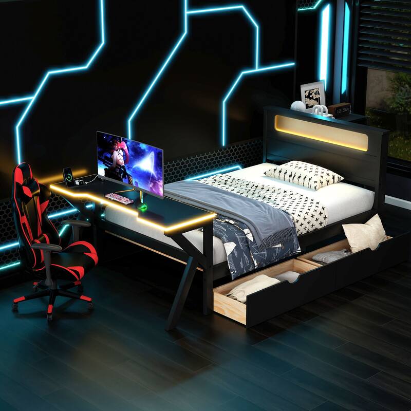 Roomfitters Twin/Full Wooden Gaming Platform Bed with LED Headboard, Desk and Drawers, Black - Black - Twin