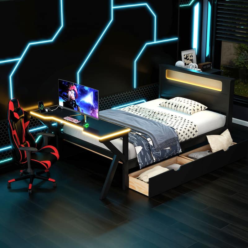 Wooden Gaming Platform Bed with LED Headboard, LED Desk, USB and 2 Storage Drawers, Black Bed Frame