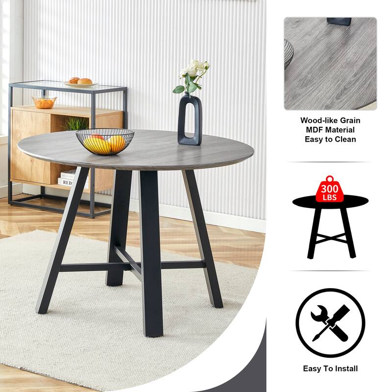 42" Round Minimalist Dining Table Set for 4, Wood Grain Dinner Table with 4 Techno-Fabric Chairs and Metal Legs