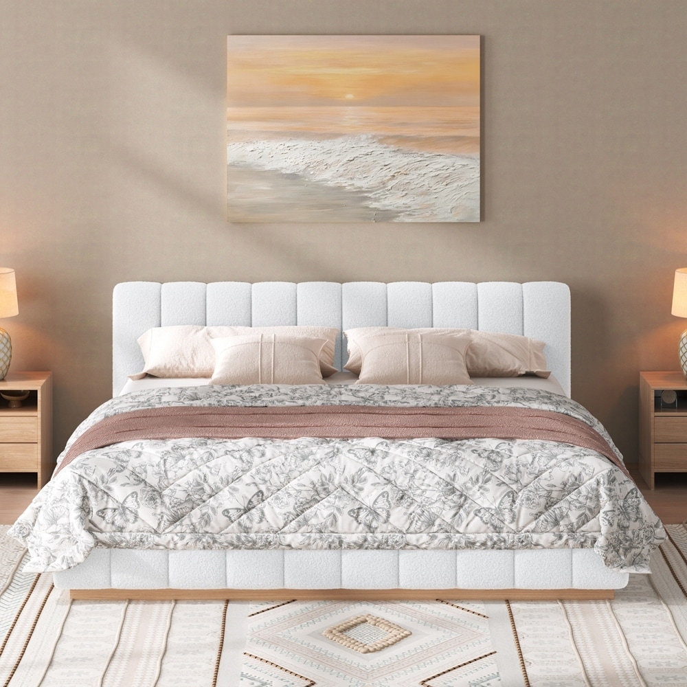 Boucle Upholstered Platform Bed Frame, Low Profile Design with Wood Bas
