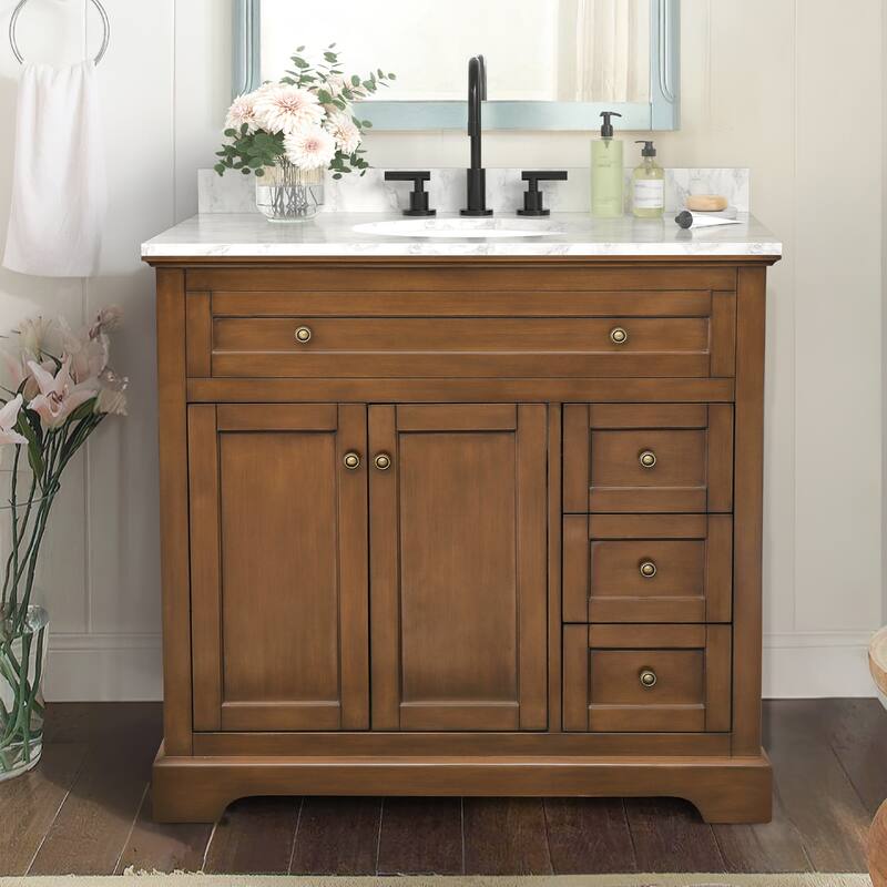 36/48/60 in. Bathroom Vanity in Wood with Ceramic Undermount Sink, Vanity with soft close Drawers - 21.5"D x 36"W x 34.8"H - Brown