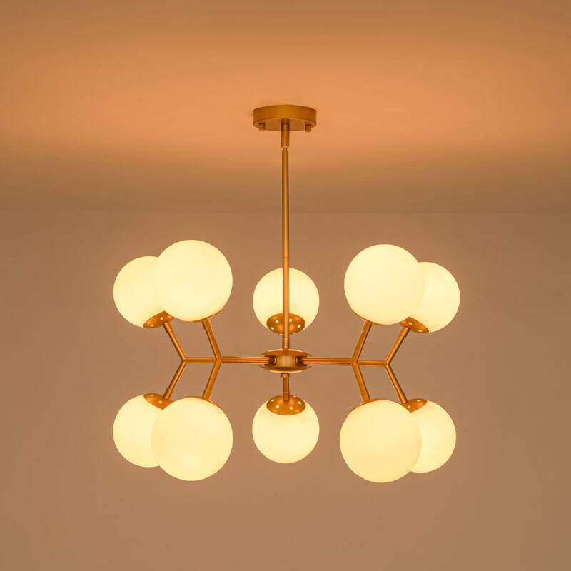 Mid-Century 10-Light Milky Glass Globe Round Branched Chandelier