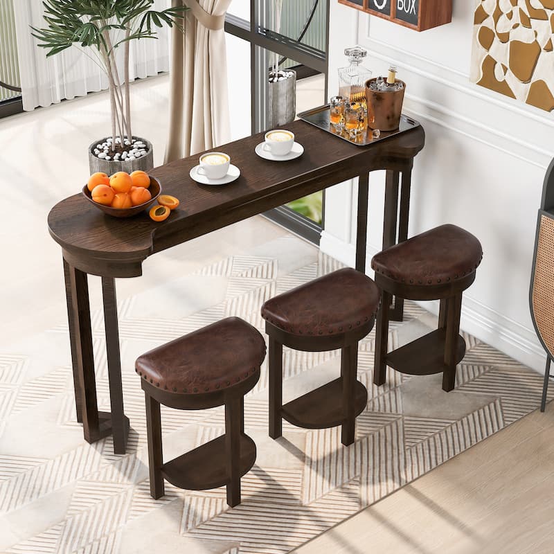4 Piece Bar Table Set with 3 Bar Stools, Breakfast Table with 3 Padded Stools Solid Wood Counter Height Dining Table Set - Espresso