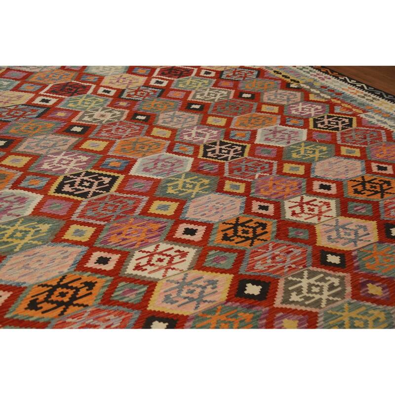 Geometric Kilim Oriental Area Rug Reversible Flatweave Wool Carpet - 10'3"x 13'0"